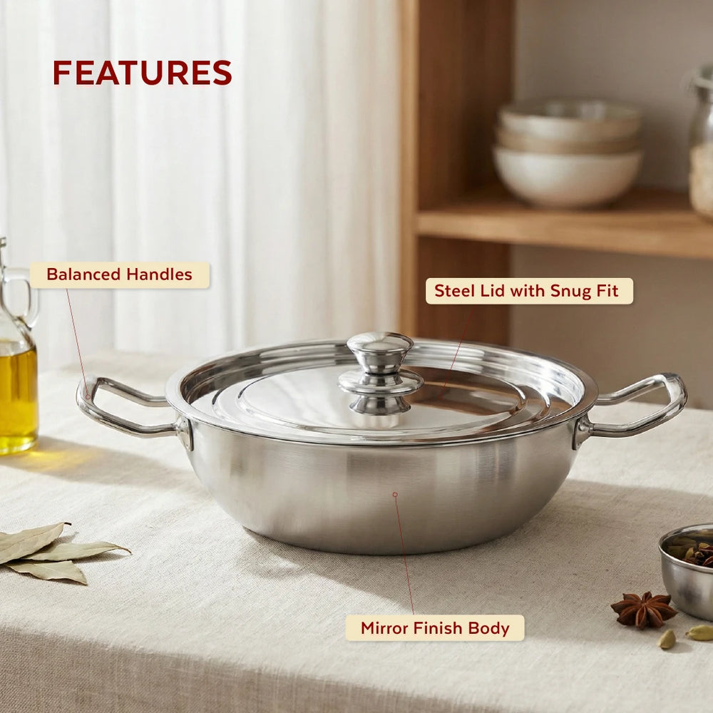 Classic Stainless Steel Kadai + Lid, Cook & Saute Curries, Dal, Pasta, Frying, Gas & Induction Compatible, Cool Touch Handle and Knob