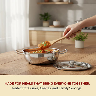 Classic Stainless Steel Kadai + Lid, Cook & Saute Curries, Dal, Pasta, Frying, Gas & Induction Compatible, Cool Touch Handle and Knob