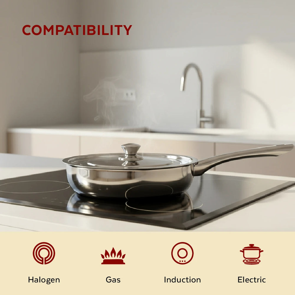 Classic Stainless Steel Fry Pan + Lid, Cook & Saute Curries, Dal, Pasta, Gas & Induction Compatible, Cool Touch Handle and Knob