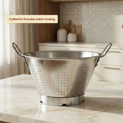 Stainless Steel Conical Colander: Deep Strainer with Drain Holes, Rust-Free, Heavy-Duty, Ideal for Rice, Vegetables, Pulses & Pasta