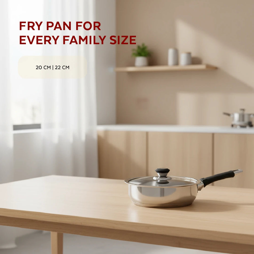Chroma Stainless Steel Fry Pan + Lid, Cook & Saute Curries, Dal, Pasta | Easy Clean, Tri Ply Base, Non-stick, Gas & Induction Compatible, StayCool+ Handle and Knob, 20 cm / 22 cm