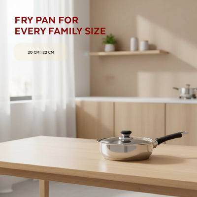Chroma Stainless Steel Fry Pan + Lid, Cook & Saute Curries, Dal, Pasta | Easy Clean, Tri Ply Base, Non-stick, Gas & Induction Compatible, StayCool+ Handle and Knob, 20 cm / 22 cm