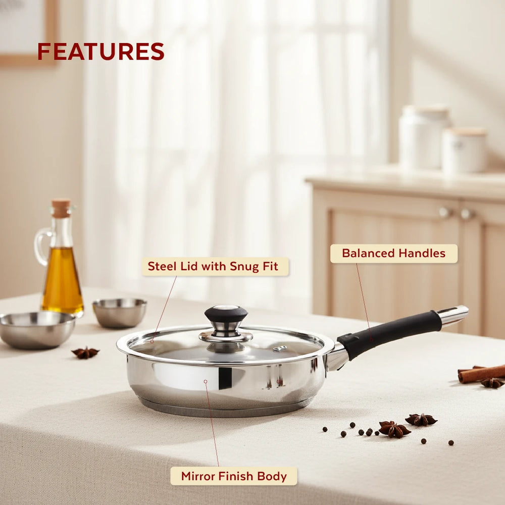 Chroma Stainless Steel Fry Pan + Lid, Cook & Saute Curries, Dal, Pasta | Easy Clean, Tri Ply Base, Non-stick, Gas & Induction Compatible, StayCool+ Handle and Knob, 20 cm / 22 cm
