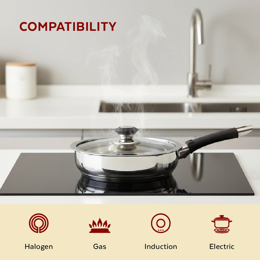 Chroma Stainless Steel Fry Pan + Lid, Cook & Saute Curries, Dal, Pasta | Easy Clean, Tri Ply Base, Non-stick, Gas & Induction Compatible, StayCool+ Handle and Knob, 20 cm / 22 cm