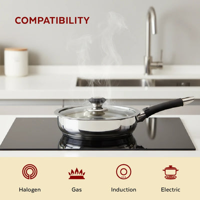 Chroma Stainless Steel Fry Pan + Lid, Cook & Saute Curries, Dal, Pasta | Easy Clean, Tri Ply Base, Non-stick, Gas & Induction Compatible, StayCool+ Handle and Knob, 20 cm / 22 cm