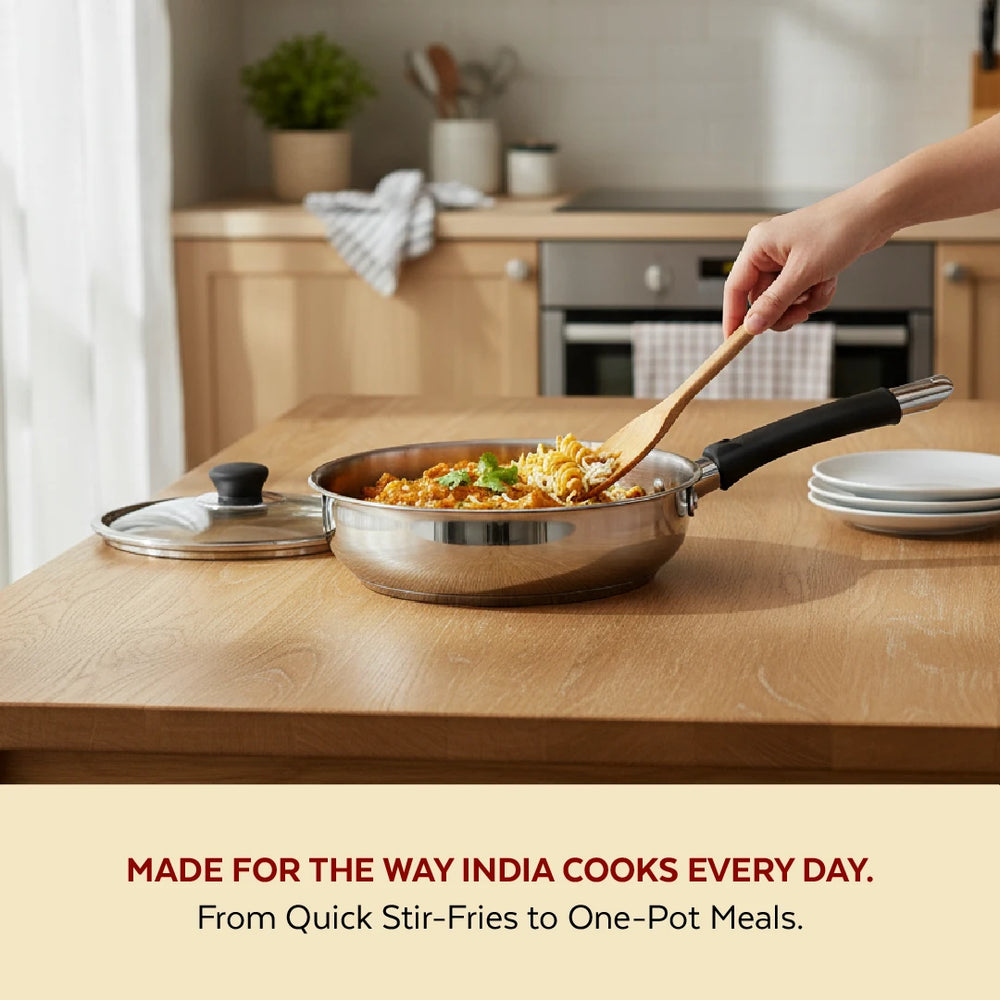 Chroma Stainless Steel Fry Pan + Lid, Cook & Saute Curries, Dal, Pasta | Easy Clean, Tri Ply Base, Non-stick, Gas & Induction Compatible, StayCool+ Handle and Knob, 20 cm / 22 cm