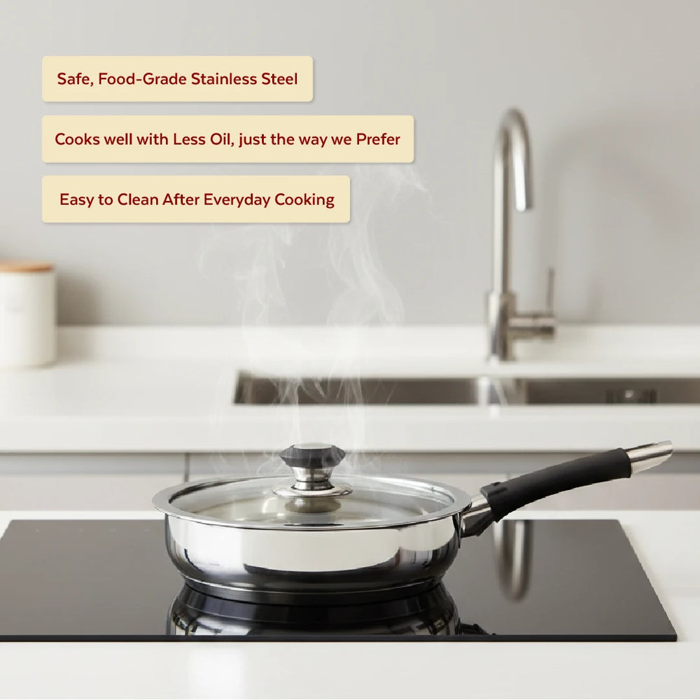 Chroma Stainless Steel Fry Pan + Lid, Cook & Saute Curries, Dal, Pasta | Easy Clean, Tri Ply Base, Non-stick, Gas & Induction Compatible, StayCool+ Handle and Knob, 20 cm / 22 cm