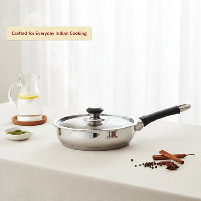 Chroma Stainless Steel Fry Pan + Lid, Cook & Saute Curries, Dal, Pasta | Easy Clean, Tri Ply Base, Non-stick, Gas & Induction Compatible, StayCool+ Handle and Knob, 20 cm / 22 cm