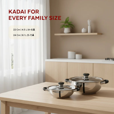 Chroma Stainless Steel Kadai + Lid, Cook Curries, Dal, Rice| Easy Clean, Tri Ply Base, Non-stick, Gas & Induction Compatible, StayCool+ Handle and Knob, 4.5L / 6.1L