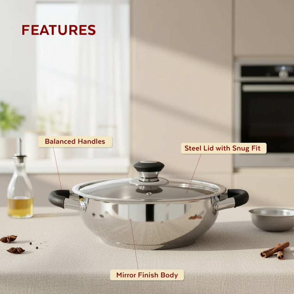 Chroma Stainless Steel Kadai + Lid, Cook Curries, Dal, Rice| Easy Clean, Tri Ply Base, Non-stick, Gas & Induction Compatible, StayCool+ Handle and Knob, 4.5L / 6.1L