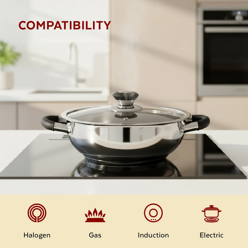 Chroma Stainless Steel Kadai + Lid, Cook Curries, Dal, Rice| Easy Clean, Tri Ply Base, Non-stick, Gas & Induction Compatible, StayCool+ Handle and Knob, 4.5L / 6.1L