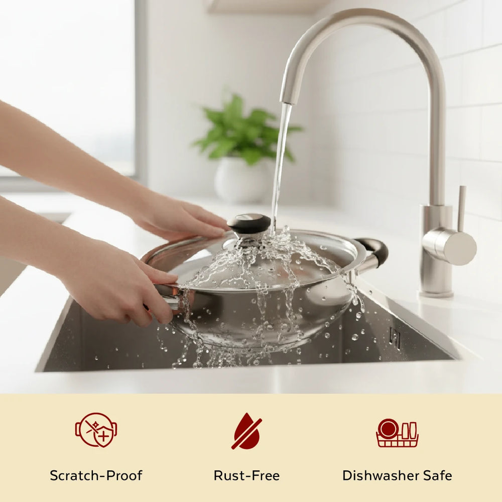 Chroma Stainless Steel Kadai + Lid, Cook Curries, Dal, Rice| Easy Clean, Tri Ply Base, Non-stick, Gas & Induction Compatible, StayCool+ Handle and Knob, 4.5L / 6.1L