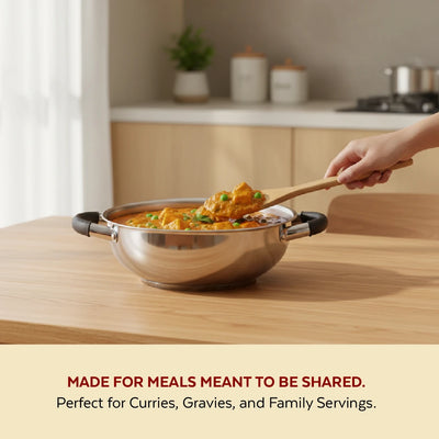 Chroma Stainless Steel Kadai + Lid, Cook Curries, Dal, Rice| Easy Clean, Tri Ply Base, Non-stick, Gas & Induction Compatible, StayCool+ Handle and Knob, 4.5L / 6.1L