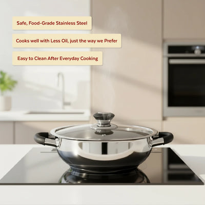 Chroma Stainless Steel Kadai + Lid, Cook Curries, Dal, Rice| Easy Clean, Tri Ply Base, Non-stick, Gas & Induction Compatible, StayCool+ Handle and Knob, 4.5L / 6.1L