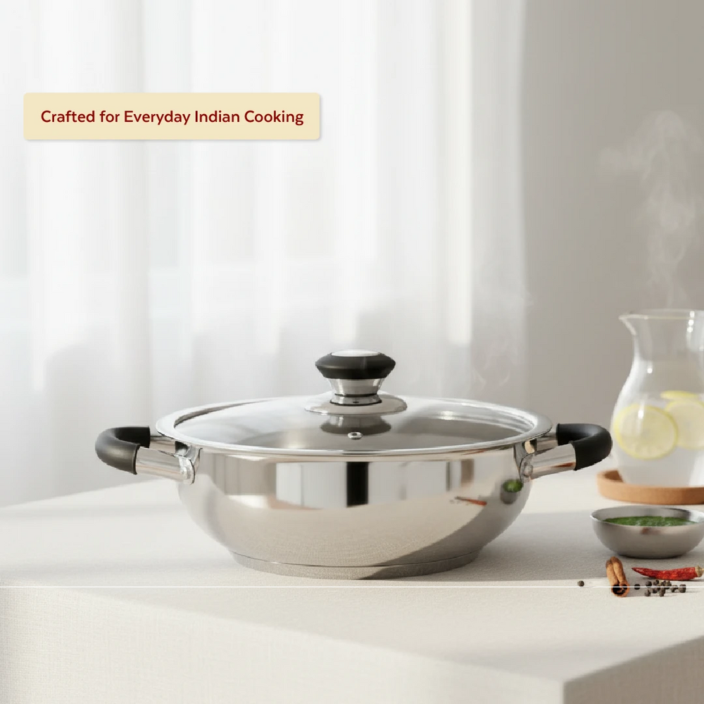 Chroma Stainless Steel Kadai + Lid, Cook Curries, Dal, Rice| Easy Clean, Tri Ply Base, Non-stick, Gas & Induction Compatible, StayCool+ Handle and Knob, 4.5L / 6.1L