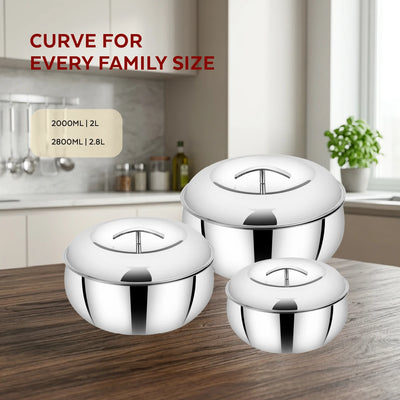 Curve Premium Double Wall Insulated Stainless Steel Casserole, Hot Pot for Roti-Rice-Gravy-Curry, Mirror Finish, Silver Hot Box with Snug Fit Lid Lid, Retains Temperature, Twist Lock