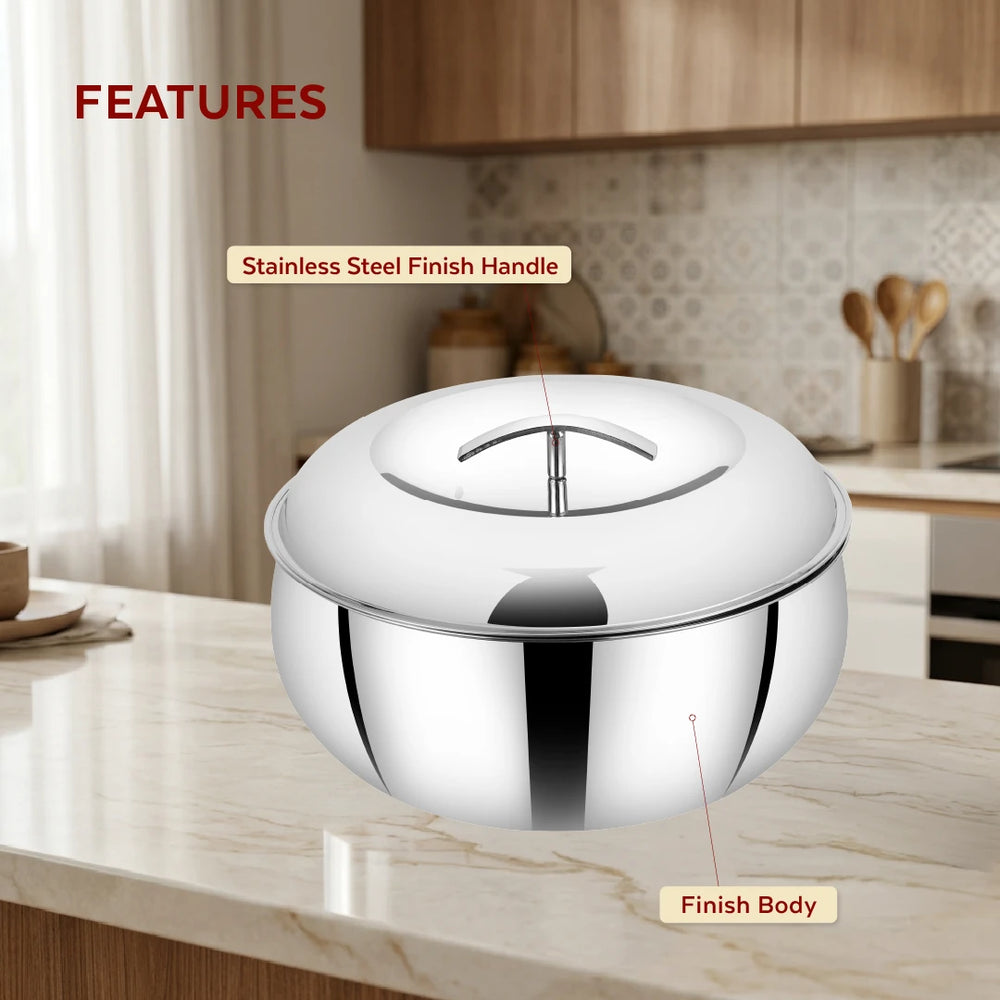 Curve Premium Double Wall Insulated Stainless Steel Casserole, Hot Pot for Roti-Rice-Gravy-Curry, Mirror Finish, Silver Hot Box with Snug Fit Lid Lid, Retains Temperature, Twist Lock