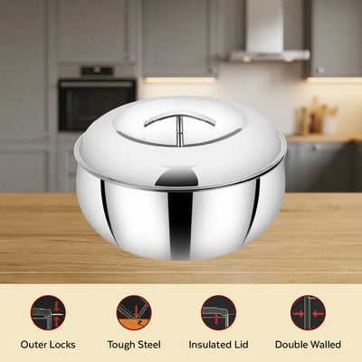 Curve Premium Double Wall Insulated Stainless Steel Casserole, Hot Pot for Roti-Rice-Gravy-Curry, Mirror Finish, Silver Hot Box with Snug Fit Lid Lid, Retains Temperature, Twist Lock