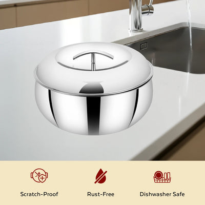 Curve Premium Double Wall Insulated Stainless Steel Casserole, Hot Pot for Roti-Rice-Gravy-Curry, Mirror Finish, Silver Hot Box with Snug Fit Lid Lid, Retains Temperature, Twist Lock
