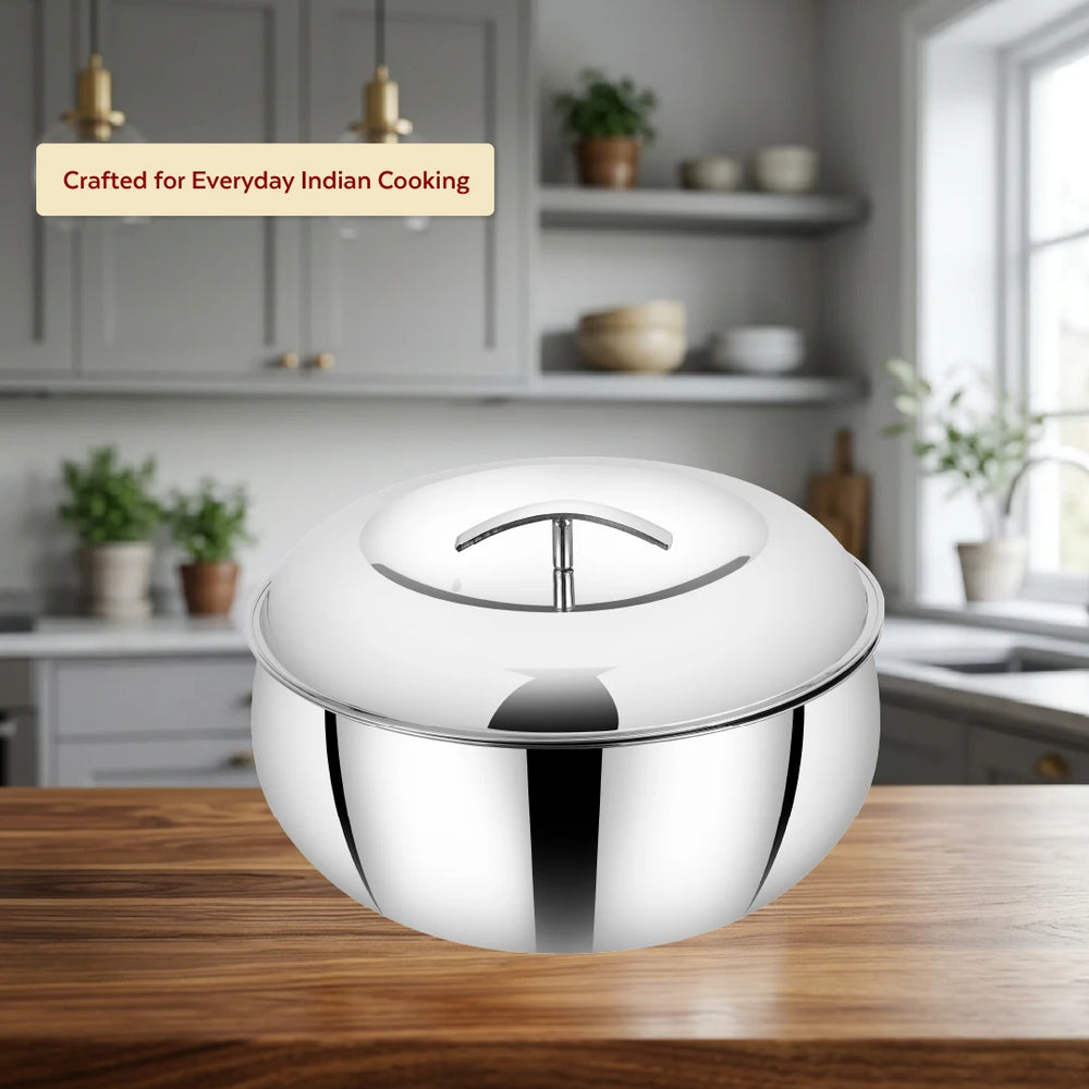 Curve Premium Double Wall Insulated Stainless Steel Casserole, Hot Pot for Roti-Rice-Gravy-Curry, Mirror Finish, Silver Hot Box with Snug Fit Lid Lid, Retains Temperature, Twist Lock