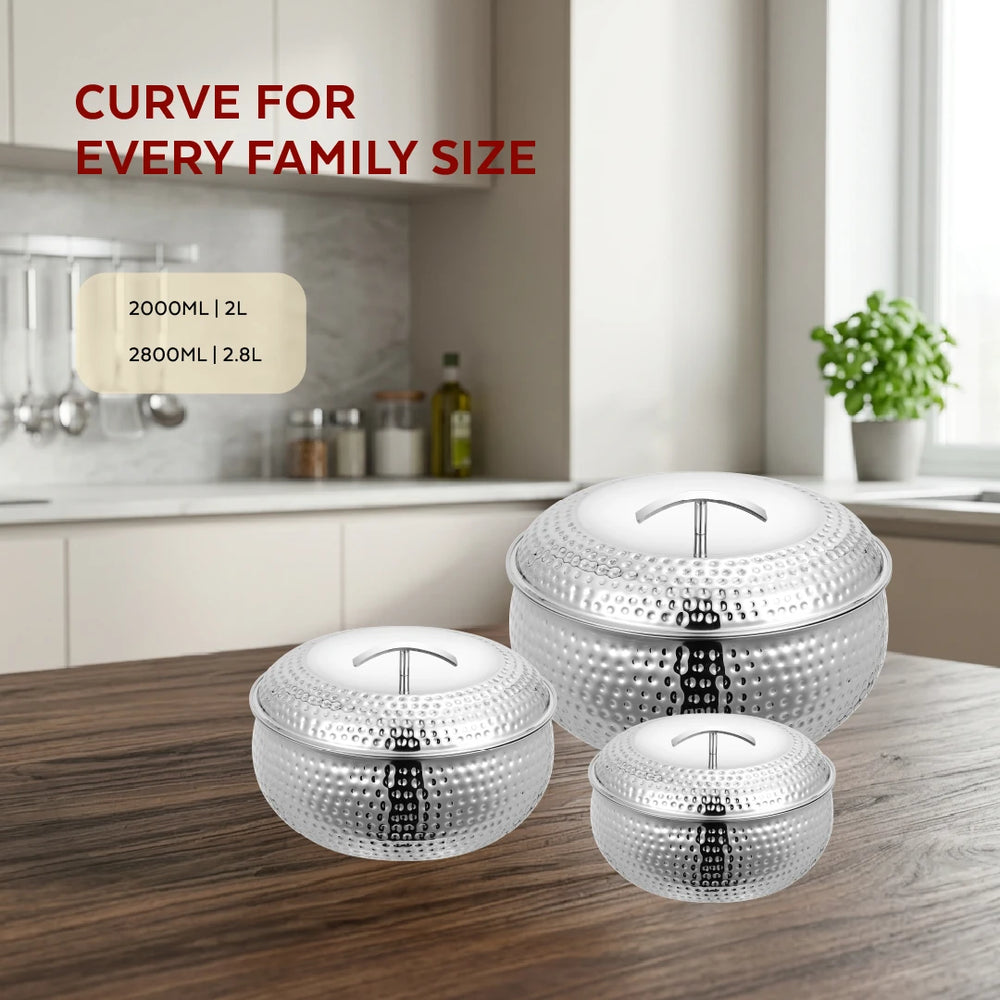 Curve Premium Double Wall Insulated Stainless Steel Casserole, Hot Pot for Roti-Rice-Gravy-Curry, Hammered Finish, Silver Hot Box with Snug Fit Lid Lid, Retains Temperature, Twist Lock