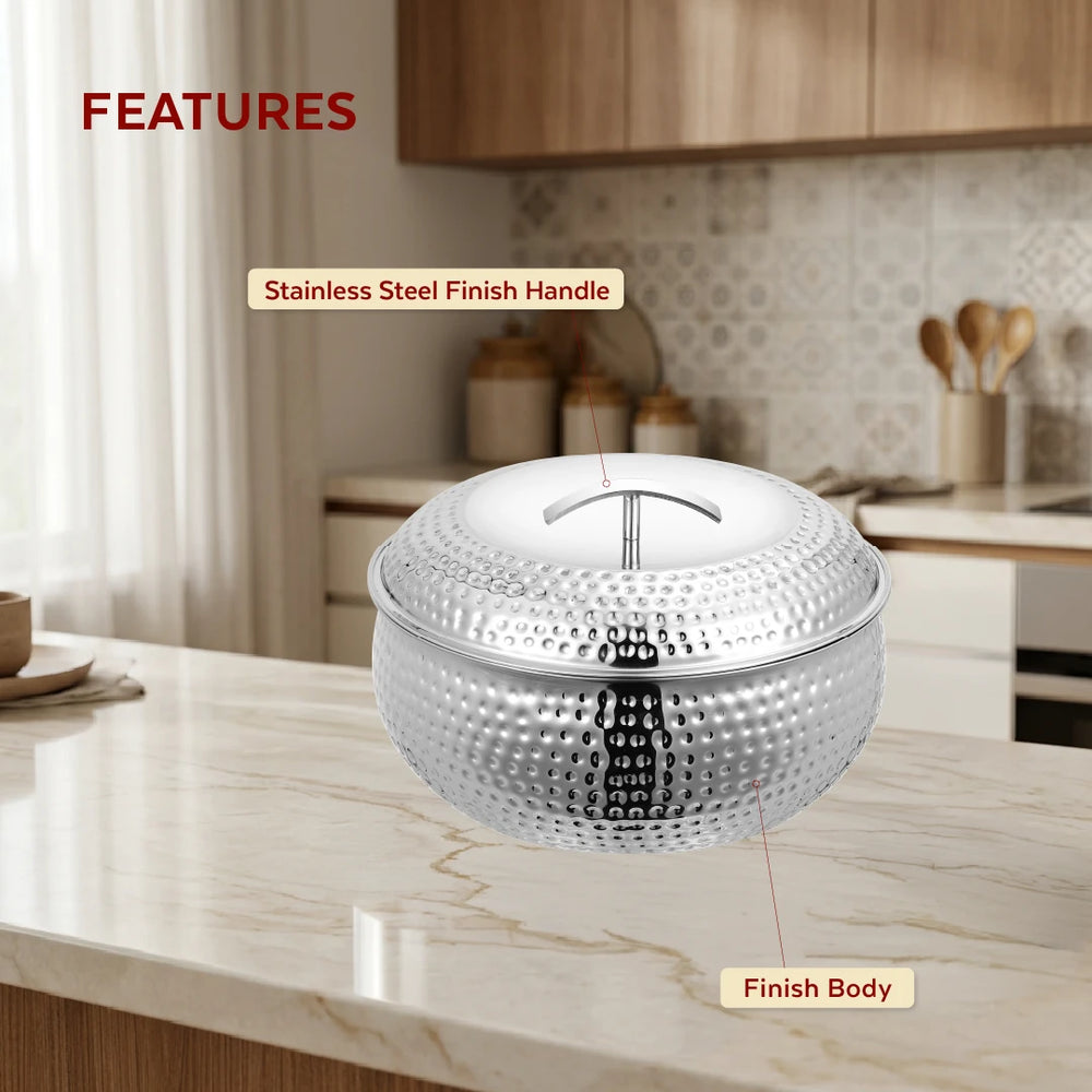 Curve Premium Double Wall Insulated Stainless Steel Casserole, Hot Pot for Roti-Rice-Gravy-Curry, Hammered Finish, Silver Hot Box with Snug Fit Lid Lid, Retains Temperature, Twist Lock
