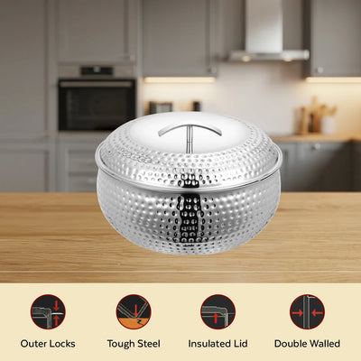 Curve Premium Double Wall Insulated Stainless Steel Casserole, Hot Pot for Roti-Rice-Gravy-Curry, Hammered Finish, Silver Hot Box with Snug Fit Lid Lid, Retains Temperature, Twist Lock