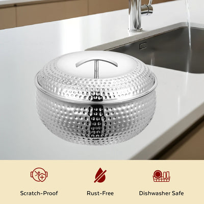 Curve Premium Double Wall Insulated Stainless Steel Casserole, Hot Pot for Roti-Rice-Gravy-Curry, Hammered Finish, Silver Hot Box with Snug Fit Lid Lid, Retains Temperature, Twist Lock