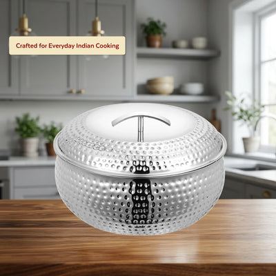 Curve Premium Double Wall Insulated Stainless Steel Casserole, Hot Pot for Roti-Rice-Gravy-Curry, Hammered Finish, Silver Hot Box with Snug Fit Lid Lid, Retains Temperature, Twist Lock