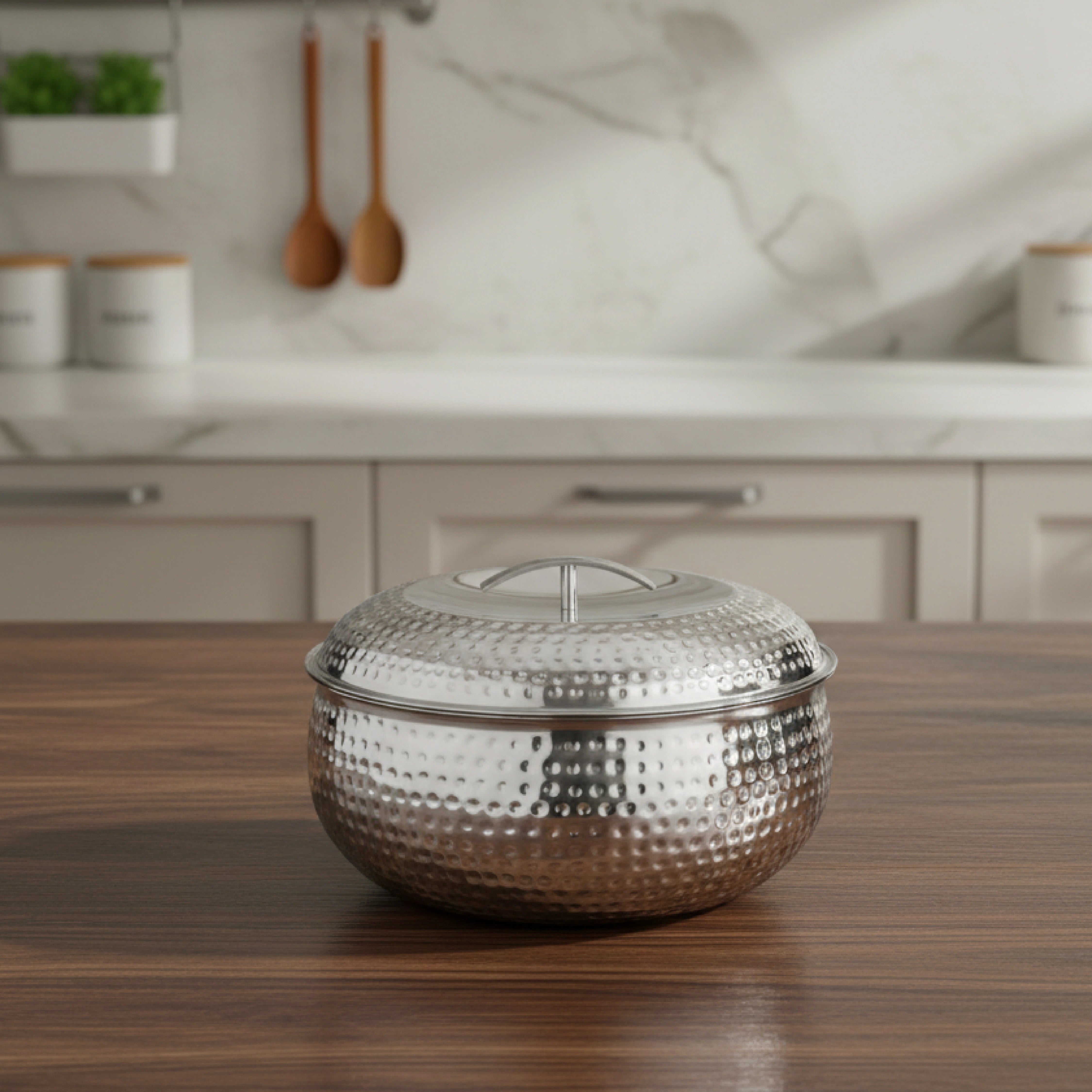 MAHAA Curve Premium Double Wall Insulated Stainless Steel Casserole - Hot Pot for Roti-Rice-Gravy-Curry | Hammered Finish | Silver Hot Box with Snug Fit Lid Lid | Retains Temperature, Twist Lock |