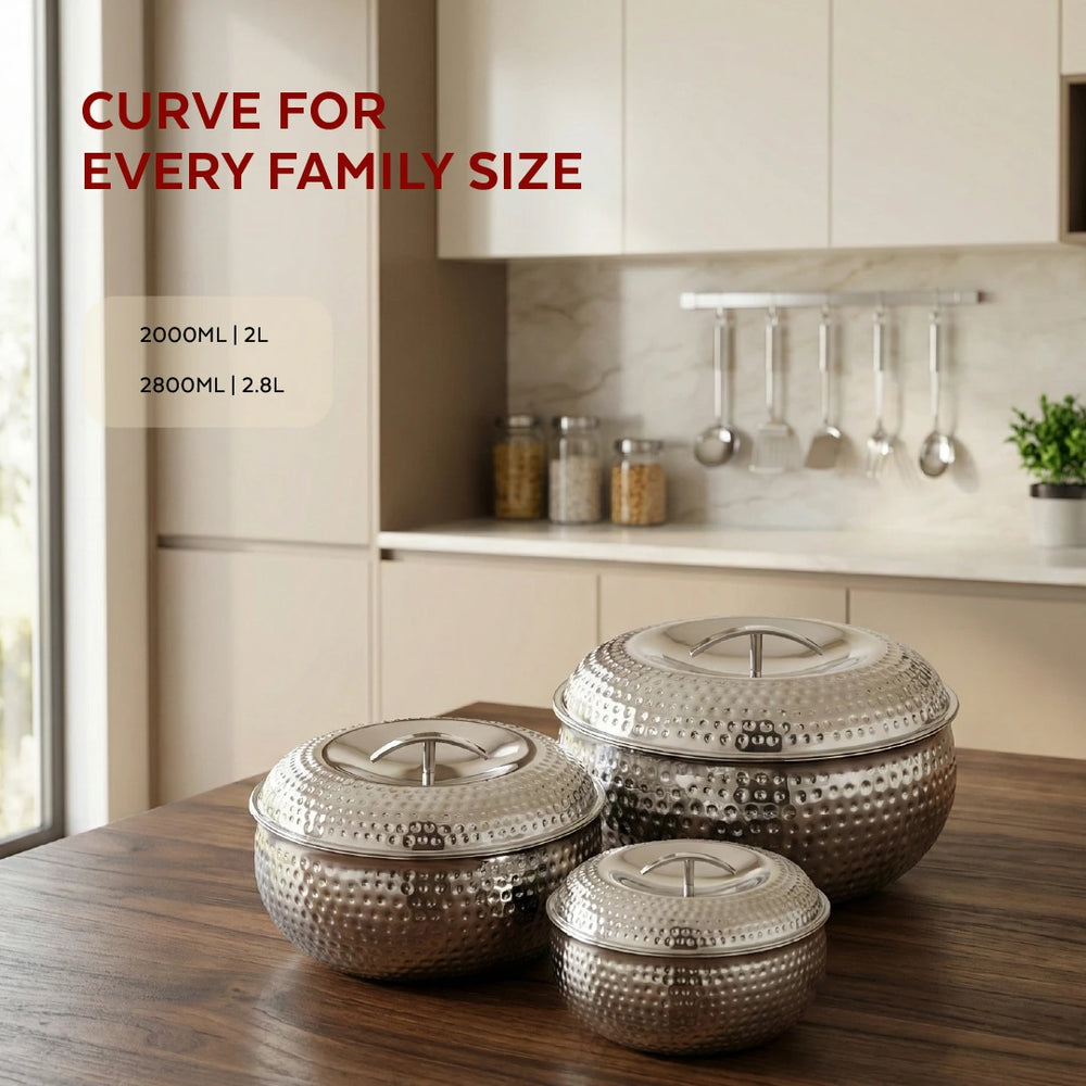 Curve Premium Double Wall Insulated Stainless Steel Casserole, Hot Pot for Roti-Rice-Gravy-Curry, Hammered Finish, Silver Hot Box with Snug Fit Lid Lid, Retains Temperature, Twist Lock