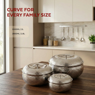 Curve Premium Double Wall Insulated Stainless Steel Casserole, Hot Pot for Roti-Rice-Gravy-Curry, Hammered Finish, Silver Hot Box with Snug Fit Lid Lid, Retains Temperature, Twist Lock
