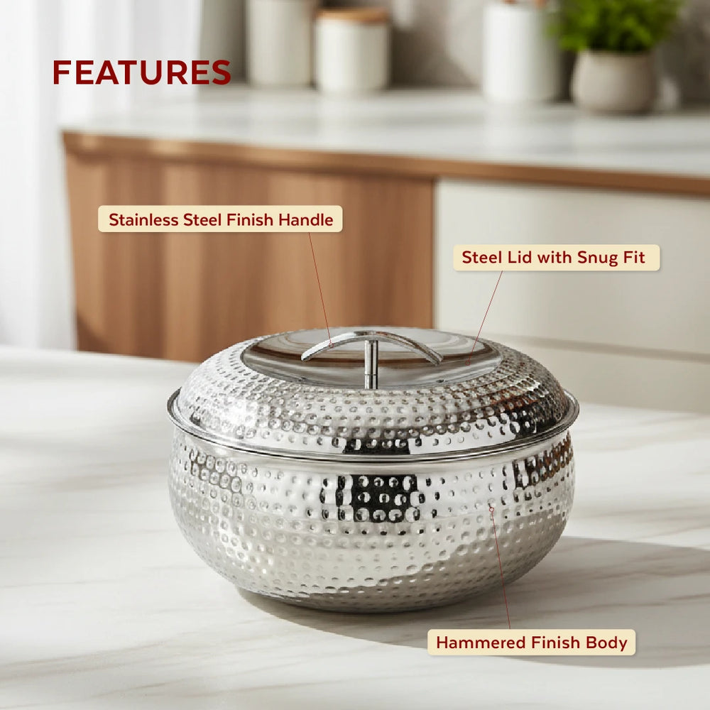 Curve Premium Double Wall Insulated Stainless Steel Casserole, Hot Pot for Roti-Rice-Gravy-Curry, Hammered Finish, Silver Hot Box with Snug Fit Lid Lid, Retains Temperature, Twist Lock