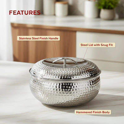 Curve Premium Double Wall Insulated Stainless Steel Casserole, Hot Pot for Roti-Rice-Gravy-Curry, Hammered Finish, Silver Hot Box with Snug Fit Lid Lid, Retains Temperature, Twist Lock