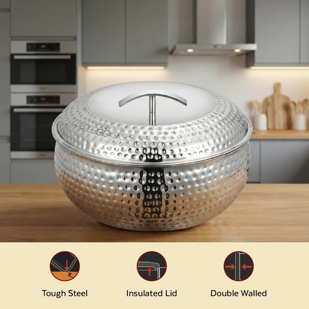 Curve Premium Double Wall Insulated Stainless Steel Casserole, Hot Pot for Roti-Rice-Gravy-Curry, Hammered Finish, Silver Hot Box with Snug Fit Lid Lid, Retains Temperature, Twist Lock