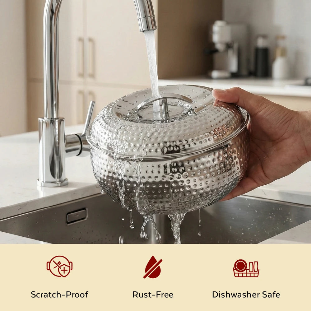 Curve Premium Double Wall Insulated Stainless Steel Casserole, Hot Pot for Roti-Rice-Gravy-Curry, Hammered Finish, Silver Hot Box with Snug Fit Lid Lid, Retains Temperature, Twist Lock