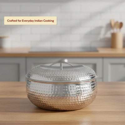 Curve Premium Double Wall Insulated Stainless Steel Casserole, Hot Pot for Roti-Rice-Gravy-Curry, Hammered Finish, Silver Hot Box with Snug Fit Lid Lid, Retains Temperature, Twist Lock