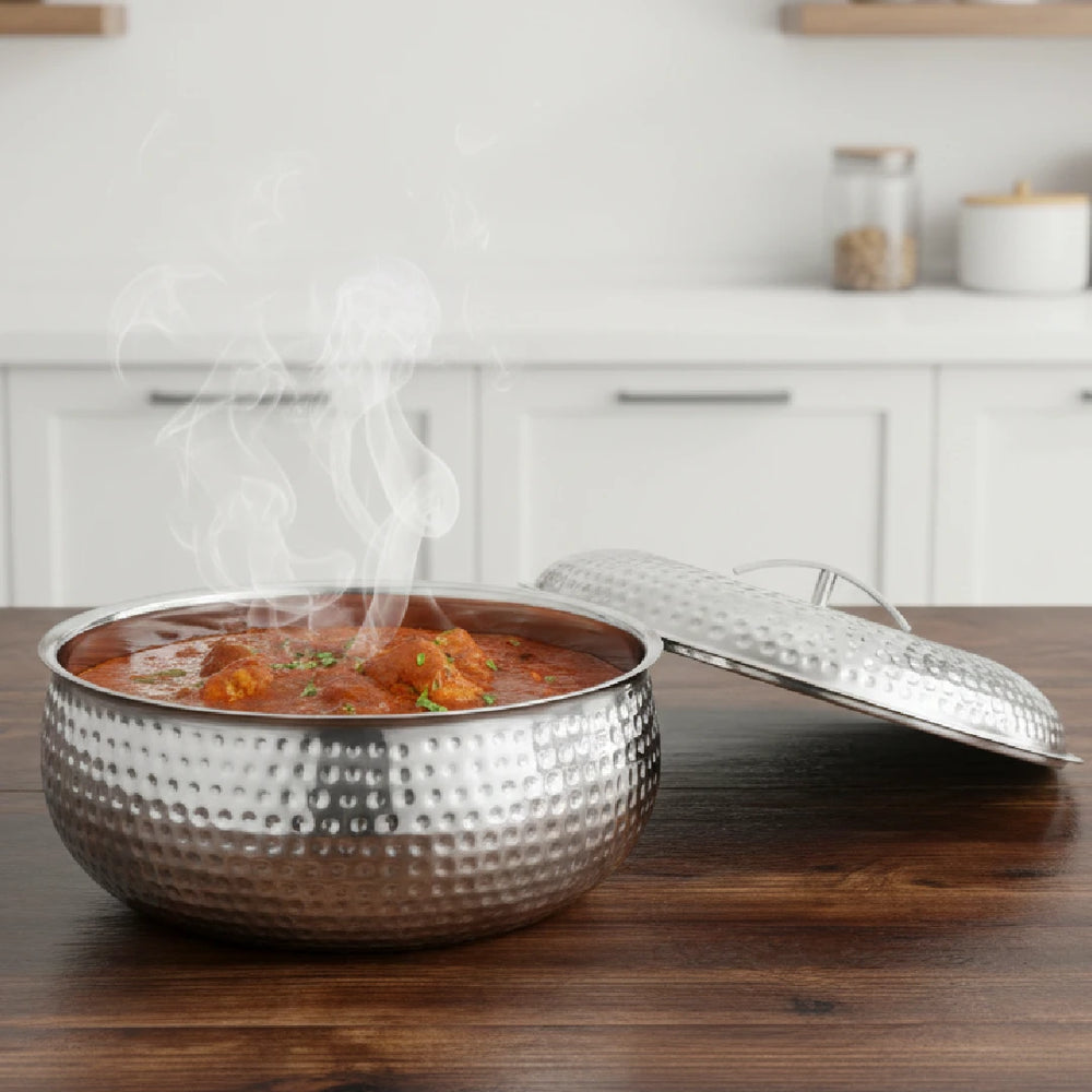 Curve Premium Double Wall Insulated Stainless Steel Casserole, Hot Pot for Roti-Rice-Gravy-Curry, Hammered Finish, Silver Hot Box with Snug Fit Lid Lid, Retains Temperature, Twist Lock