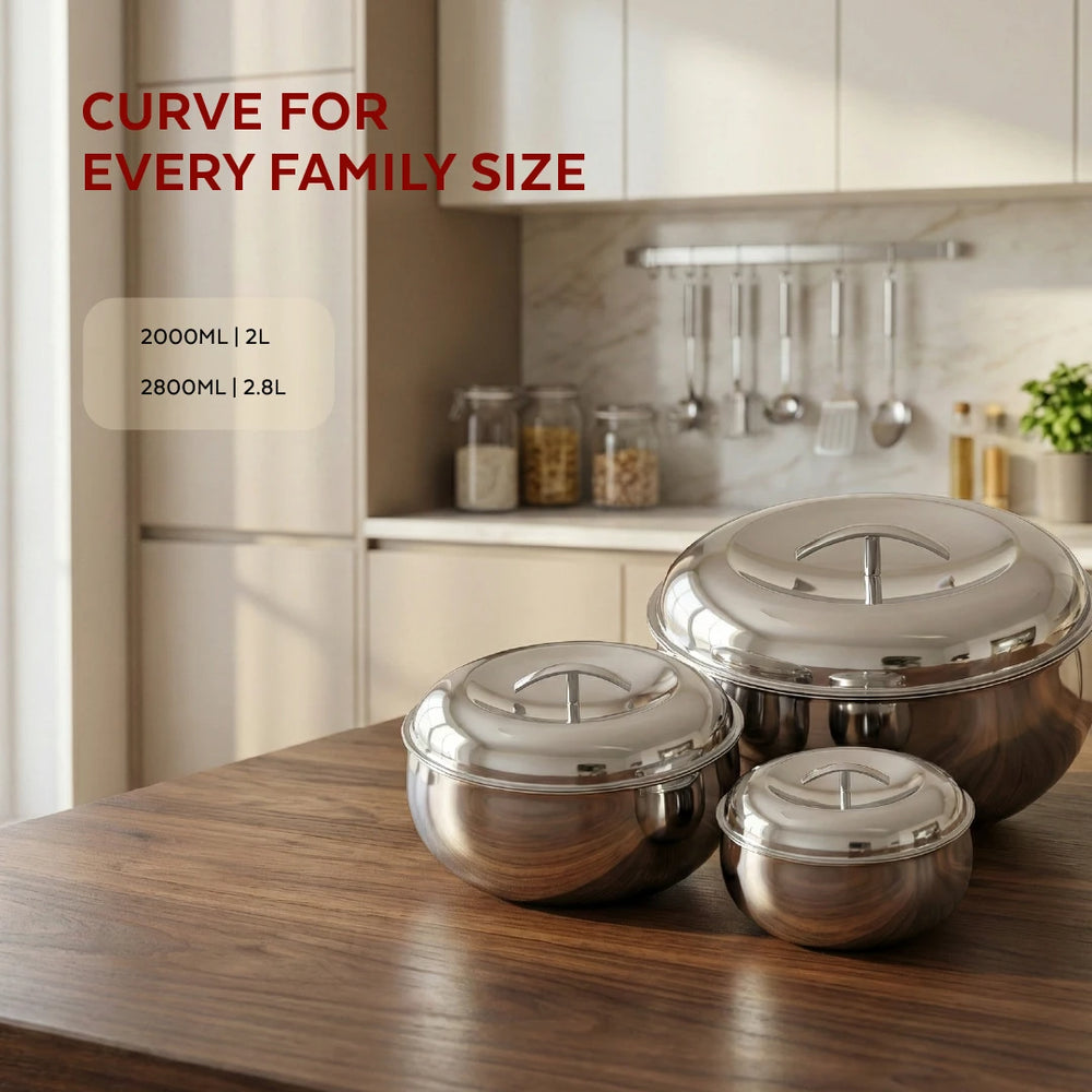 Curve Premium Double Wall Insulated Stainless Steel Casserole, Hot Pot for Roti-Rice-Gravy-Curry, Mirror Finish, Silver Hot Box with Snug Fit Lid Lid, Retains Temperature, Twist Lock