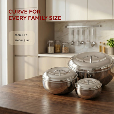 Curve Premium Double Wall Insulated Stainless Steel Casserole, Hot Pot for Roti-Rice-Gravy-Curry, Mirror Finish, Silver Hot Box with Snug Fit Lid Lid, Retains Temperature, Twist Lock