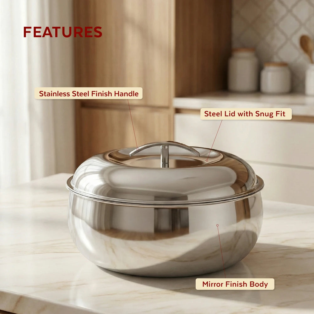 Curve Premium Double Wall Insulated Stainless Steel Casserole, Hot Pot for Roti-Rice-Gravy-Curry, Mirror Finish, Silver Hot Box with Snug Fit Lid Lid, Retains Temperature, Twist Lock