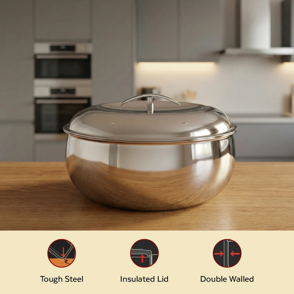 Curve Premium Double Wall Insulated Stainless Steel Casserole, Hot Pot for Roti-Rice-Gravy-Curry, Mirror Finish, Silver Hot Box with Snug Fit Lid Lid, Retains Temperature, Twist Lock