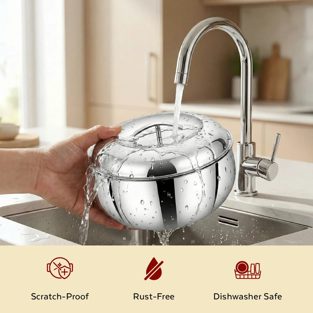 Curve Premium Double Wall Insulated Stainless Steel Casserole, Hot Pot for Roti-Rice-Gravy-Curry, Mirror Finish, Silver Hot Box with Snug Fit Lid Lid, Retains Temperature, Twist Lock