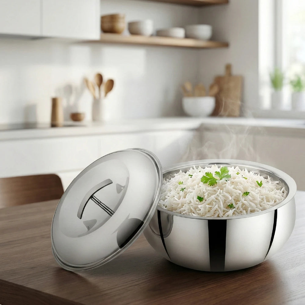Curve Premium Double Wall Insulated Stainless Steel Casserole, Hot Pot for Roti-Rice-Gravy-Curry, Mirror Finish, Silver Hot Box with Snug Fit Lid Lid, Retains Temperature, Twist Lock