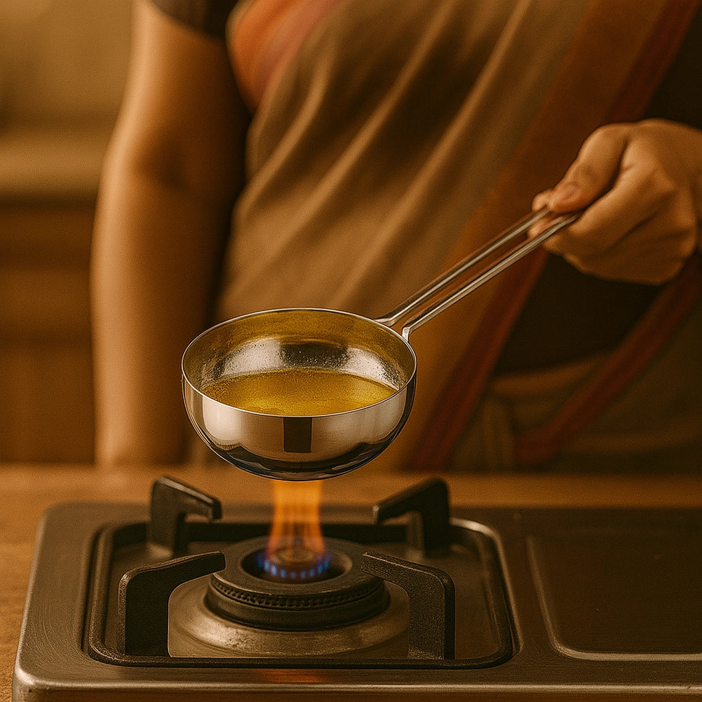 MAHAA Stainless Steel Tadka Pan with Cool-Touch Handle – 10CM, 11CM, 12.5CM | Induction, Gas & Electric Compatible | For Spice Tempering/Seasoning, Long Wire Handle, Smooth Finished Surface