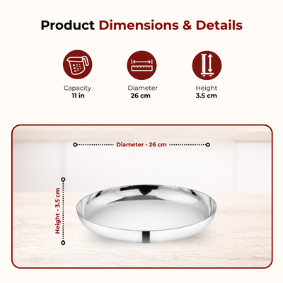 Stainless Steel China Plate - 2 Pcs Set, High Quality, Mirror Finish, Durable & Rust-Free, Ideal for Daily & Festive Use, 16.5cm, 19.2cm, 21.5cm, 24cm, 26.3cm, 28.5cm, 31cm