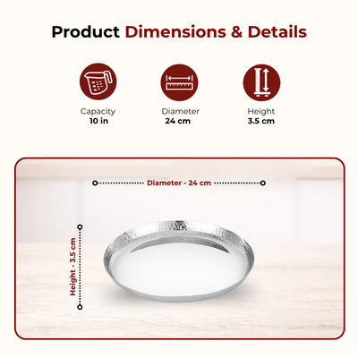 Stainless Steel China Plate - 2 Pcs Set, High Quality, Hammered Finish, Durable & Rust-Free, Ideal for Daily & Festive Use, 16.5cm, 19.2cm, 21.5cm, 24cm, 26.3cm, 28.5cm, 31cm