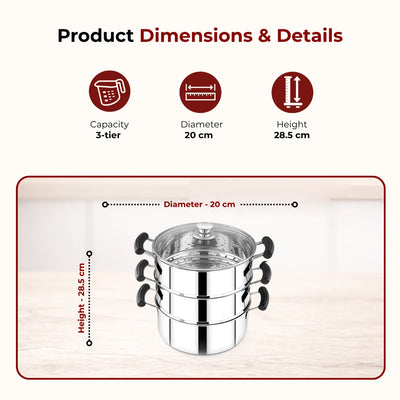 Chroma 3-Tier Smart Steamer for Idlis, Momos & Vegetables | Stainless Steel mirror finish | Tri Ply Base| Induction & Gas Compatible | Glass lid | Bakelite handles | Food-Grade SS | Easy to Clean (20CM / 22CM)