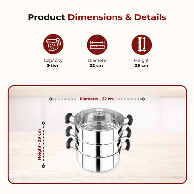 Chroma 3-Tier Smart Steamer for Idlis, Momos & Vegetables | Stainless Steel mirror finish | Tri Ply Base| Induction & Gas Compatible | Glass lid | Bakelite handles | Food-Grade SS | Easy to Clean (20CM / 22CM)