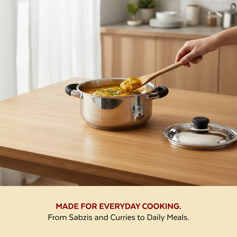 Chroma Stainless Steel Casserole + Lid, Cook Curries, Dal, Rice | Easy Clean, Tri Ply Base, Non-stick, Gas & Induction Compatible, StayCool+ Handle and Knob, 2.5L/3.6L/4.5L
